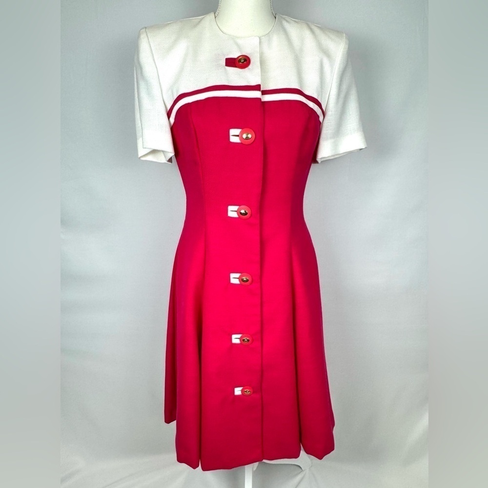 Vintage 1980s Howard Wolf Sheath Dress Short Sleeves Fuchsia Pink & White Size 4